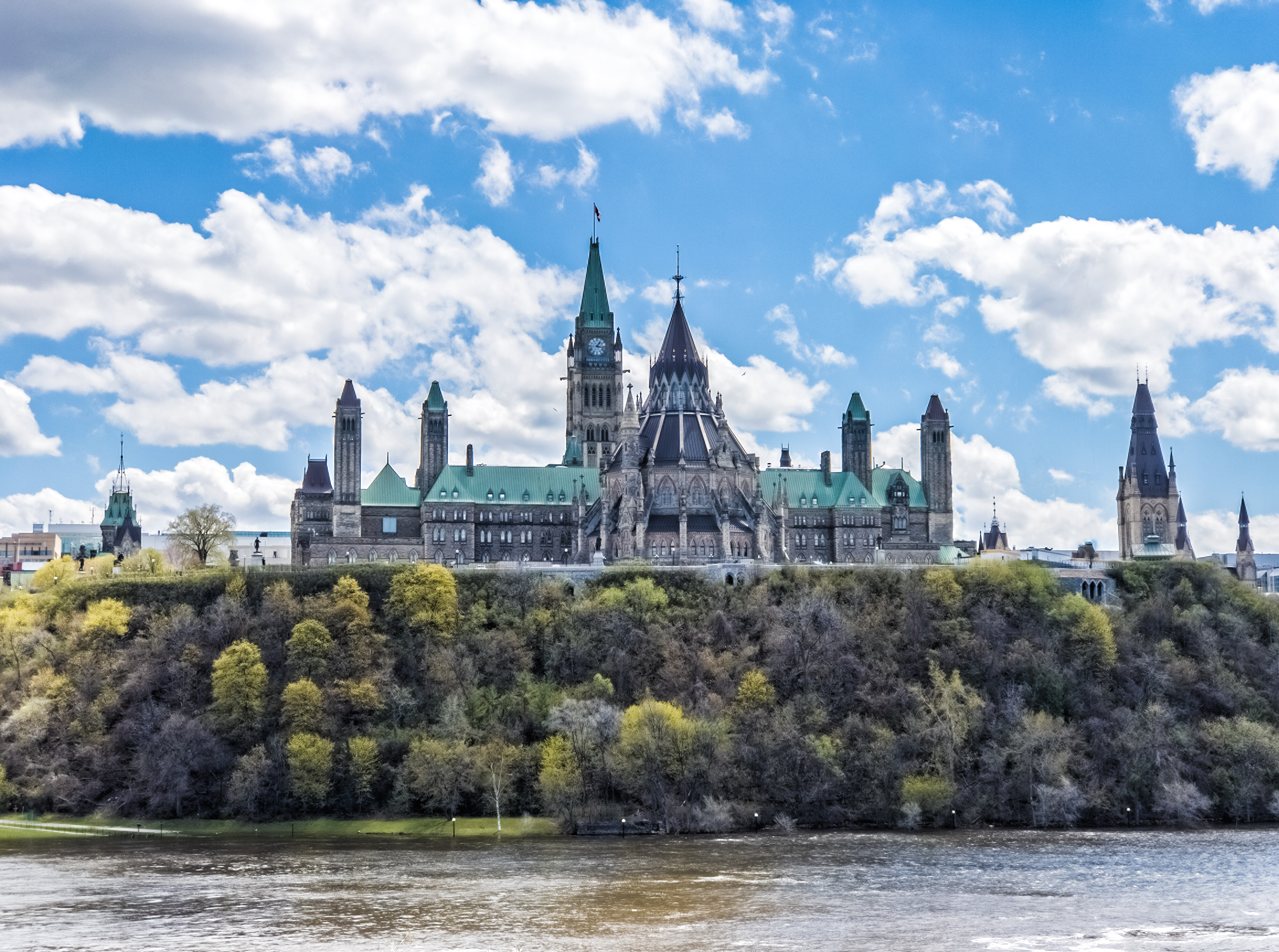Parliament Buildings in Ottawa viewed from across the river.